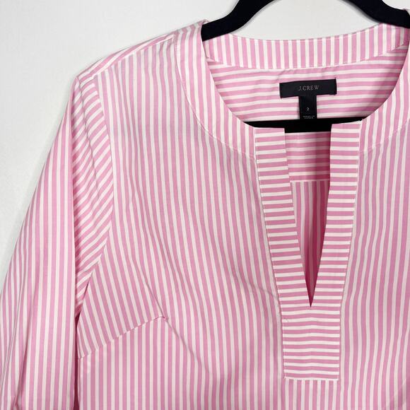 J Crew Womens Size 2 Pink White Bell 3/4 Sleeve Blouse Top Split V Neck Cotton - Picture 7 of 12